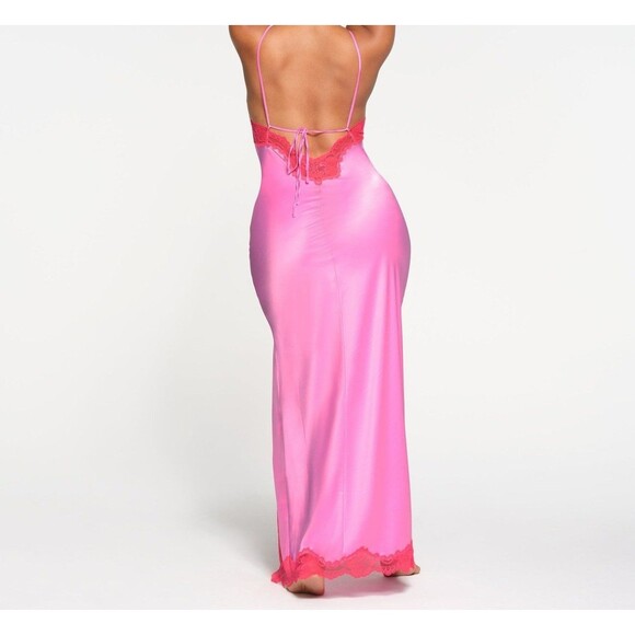 NWT SKIMS Woven Shine Stretch Satin Lace Long Dress in Neon Orchid Size XXS - Picture 4 of 5